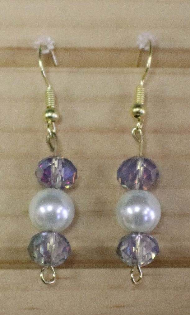 Earrings, purple beads with pearl